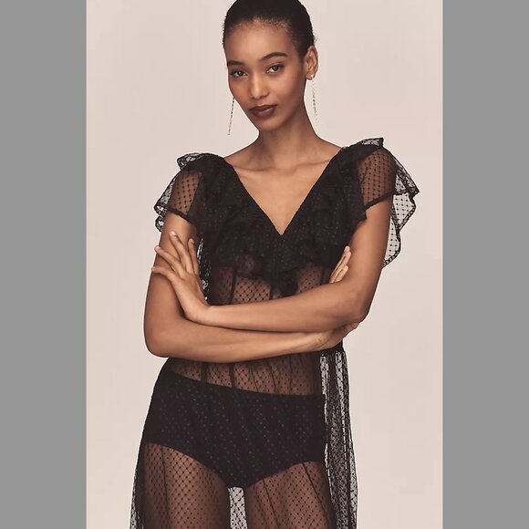 By Anthropologie Ruffle Sheer Mesh Maxi Dress - Black - Women's Small - Picture 2 of 5
